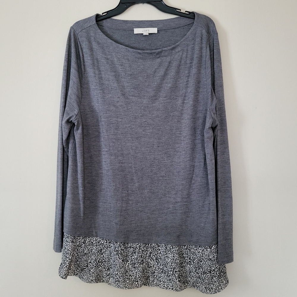 LOFT Mixed Media Grey Leopard Long Sleeve Top XL